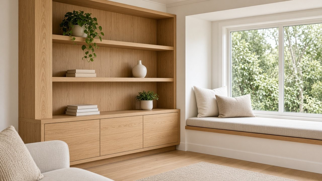 Example photo: built-in oak shelving and window seat